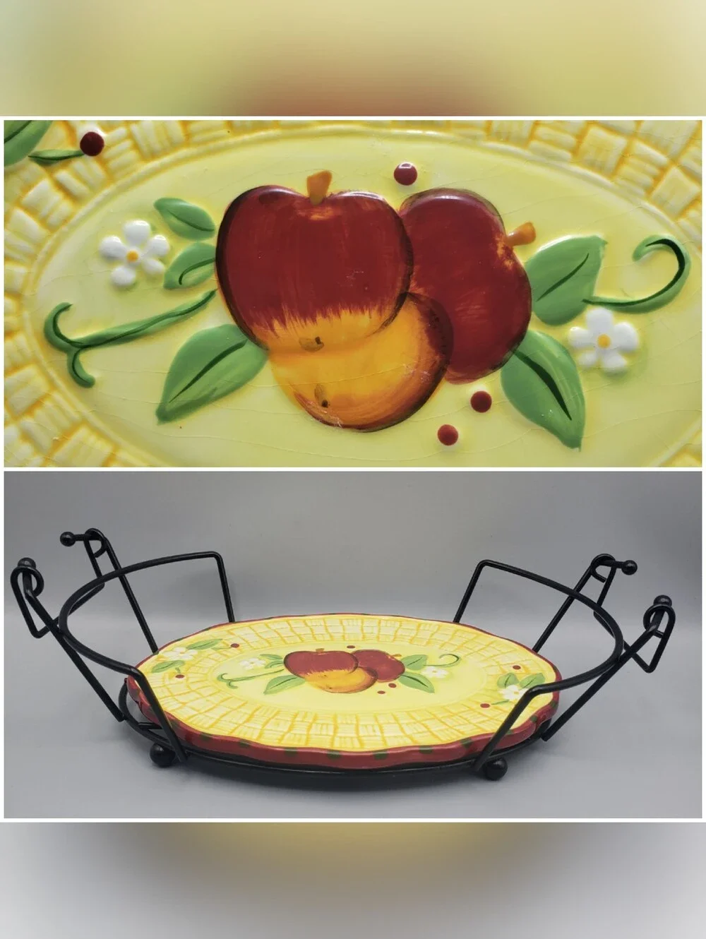 Temptations Serving Trivet w/ Wire Cradle - Fresh Crop Apples Motif Cottagecore